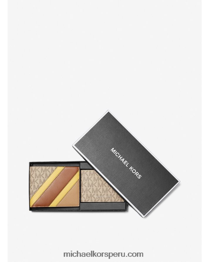 Z48V3348 amarillo hombres Michael Kors set de regalo de cartera con franja de piel sintética y logotipo con pasaporte