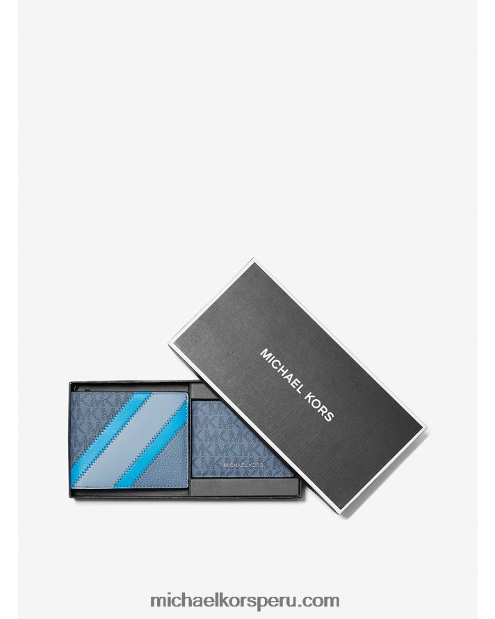 Z48V3350 mezclilla hombres Michael Kors set de regalo de cartera con franja de piel sintética y logotipo con pasaporte
