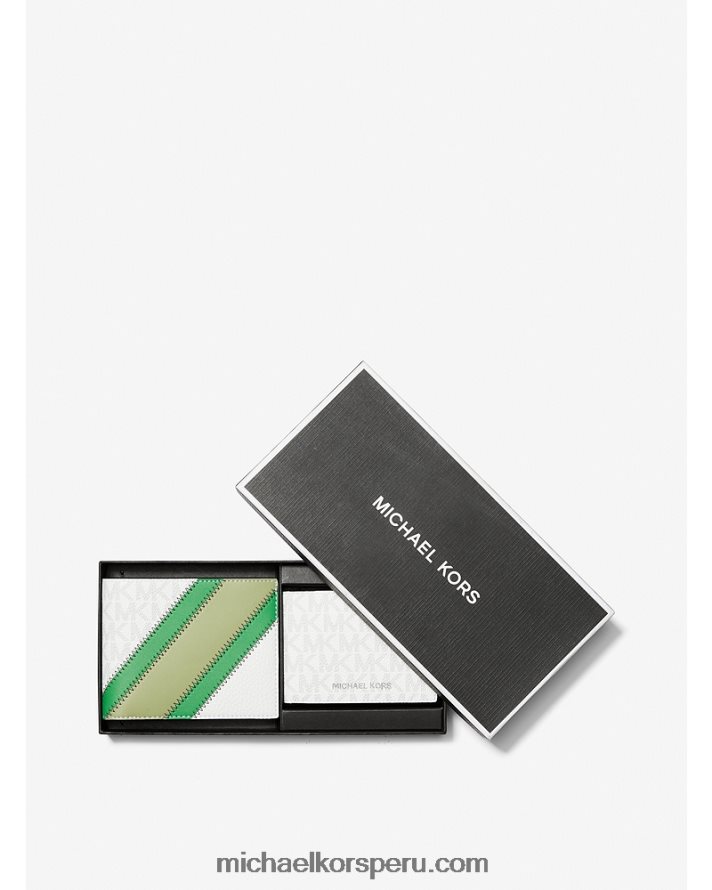 Z48V3351 verde palmera hombres Michael Kors set de regalo de cartera con franja de piel sintética y logotipo con pasaporte