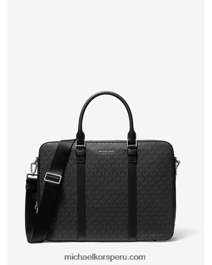 Z48V3191 negro hombres Michael Kors maletín con doble fuelle de piel y logo hudson