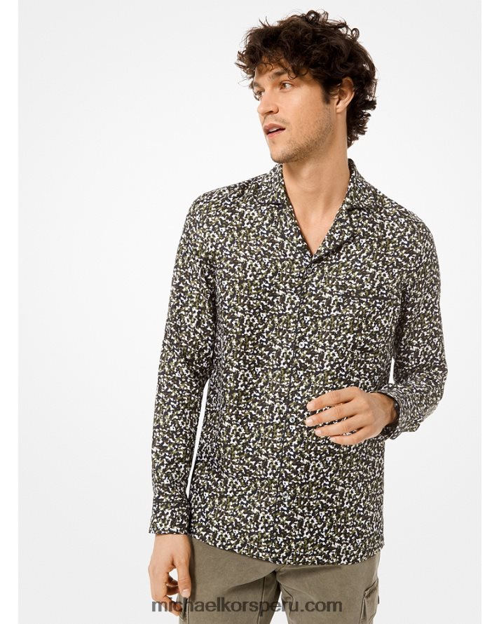 Z48V3137 aceituna hombres Michael Kors camisa de pijama de seda militar