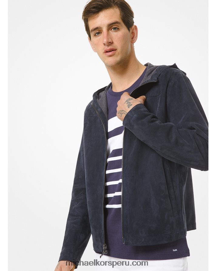 Z48V2785 medianoche hombres Michael Kors chamarra con capucha de ante combinado