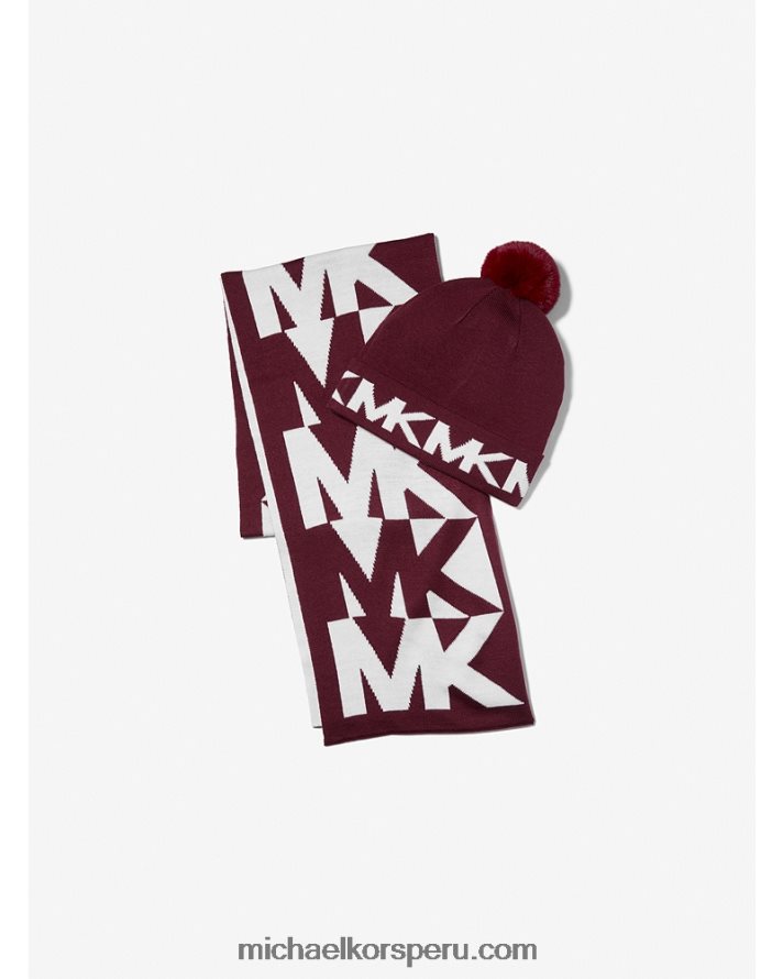 Z48V2731 merlot mujer Michael Kors conjunto de bufanda y gorro tejido en intarsia con logo