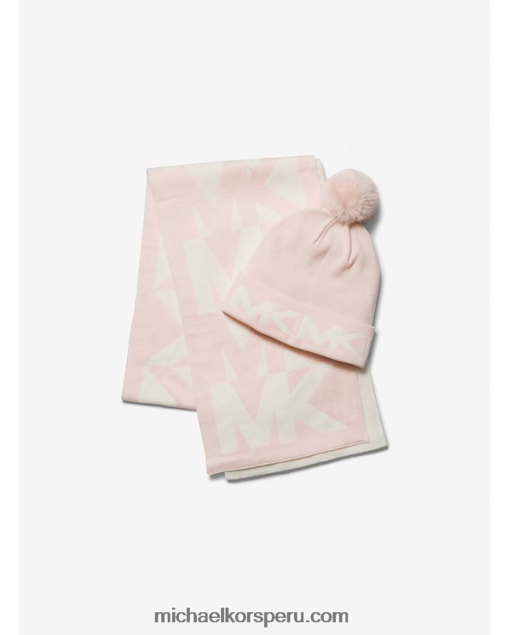 Z48V2732 Rosa suave mujer Michael Kors conjunto de bufanda y gorro tejido en intarsia con logo