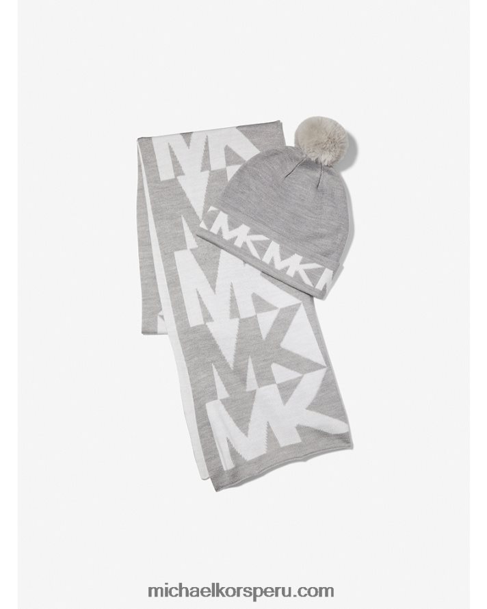 Z48V2733 Perla gris mujer Michael Kors conjunto de bufanda y gorro tejido en intarsia con logo