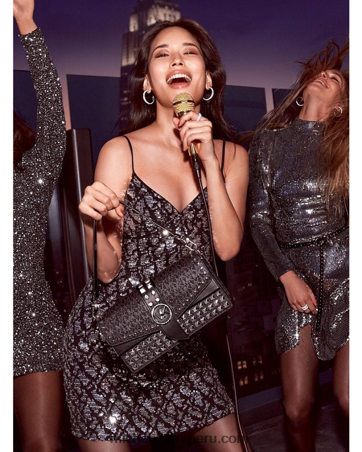 Z48V941 negro mujer Michael Kors bolsa de hombro Greenwich mediana con logo y tachuelas