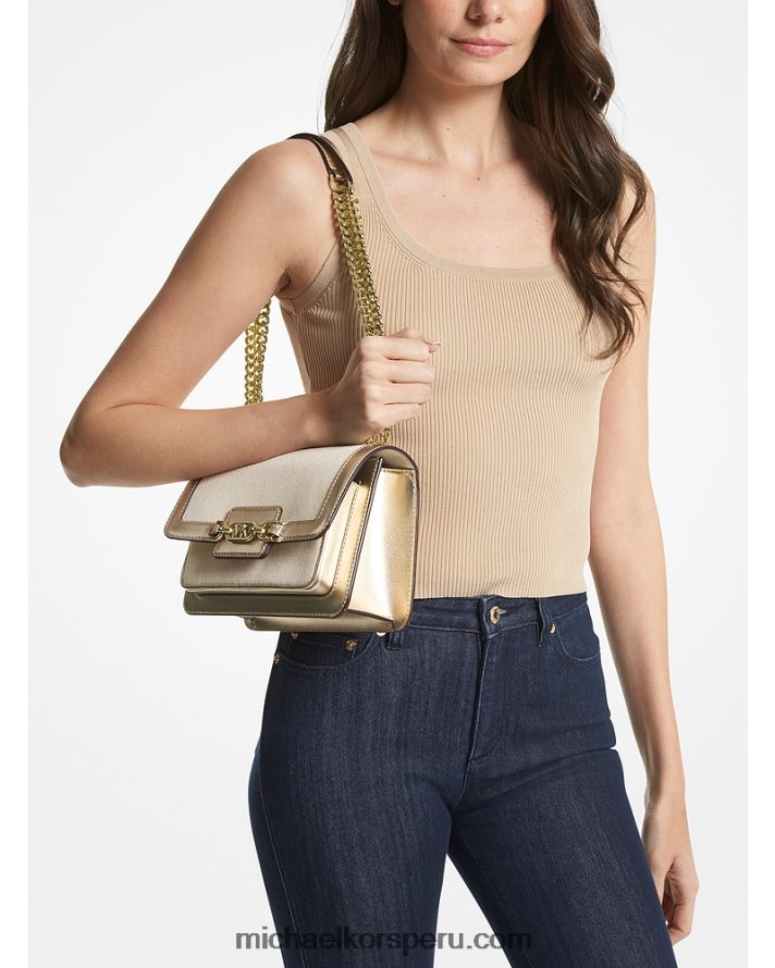 Z48V1296 oro pálido/natural mujer Michael Kors bolso de hombro grande de lona jaspeada y piel sintética metalizada