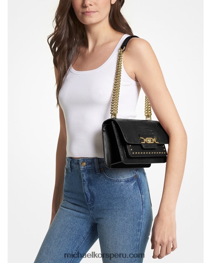 Z48V1308 negro mujer Michael Kors bolso de hombro heather grande con tachuelas de piel de cocodrilo en relieve