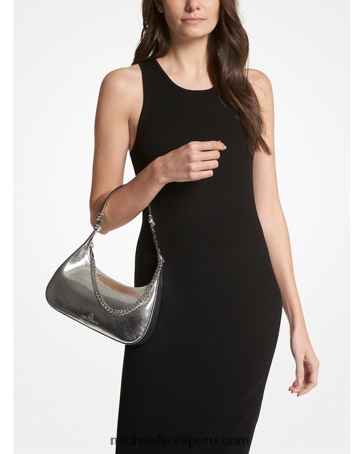 Z48V1315 plata mujer Michael Kors bolso de hombro piper pequeño de piel metalizada con grabado de serpiente