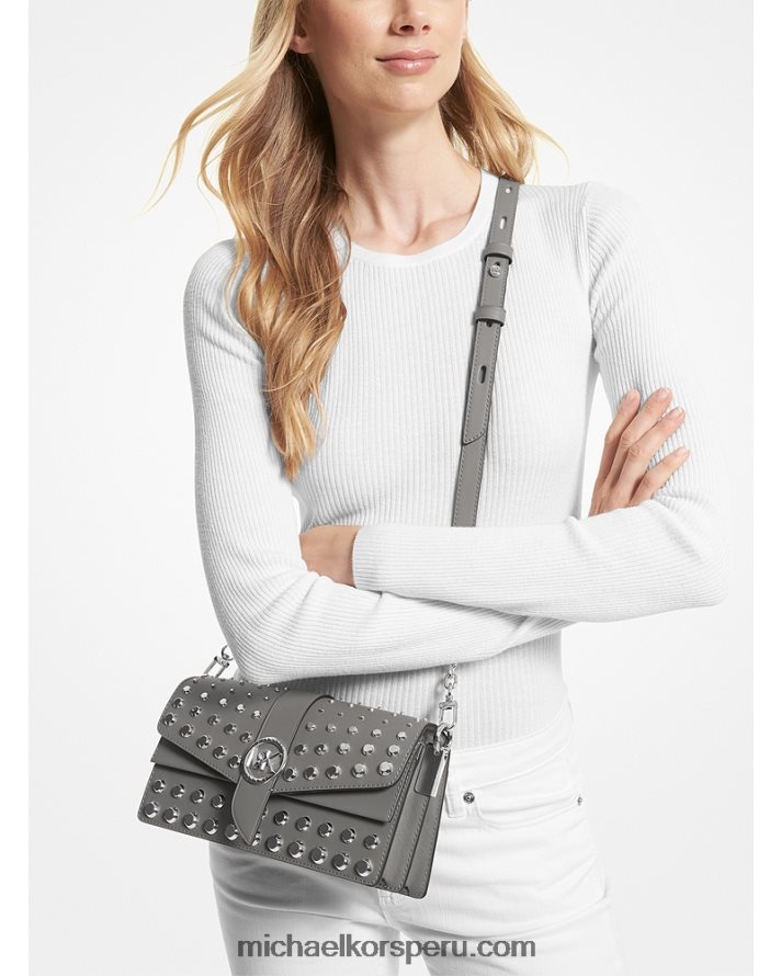 Z48V1338 cuero gris mujer Michael Kors bolsa de hombro Greenwich mediana de piel saffiano con tachuelas