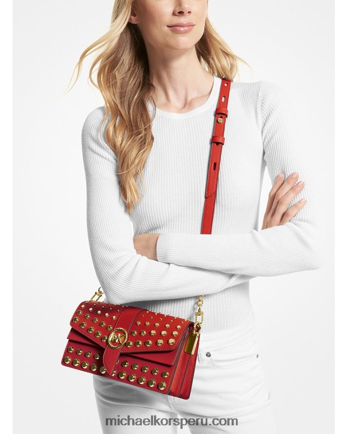 Z48V1364 carmesí mujer Michael Kors bolsa de hombro Greenwich mediana convertible en piel saffiano con tachuelas