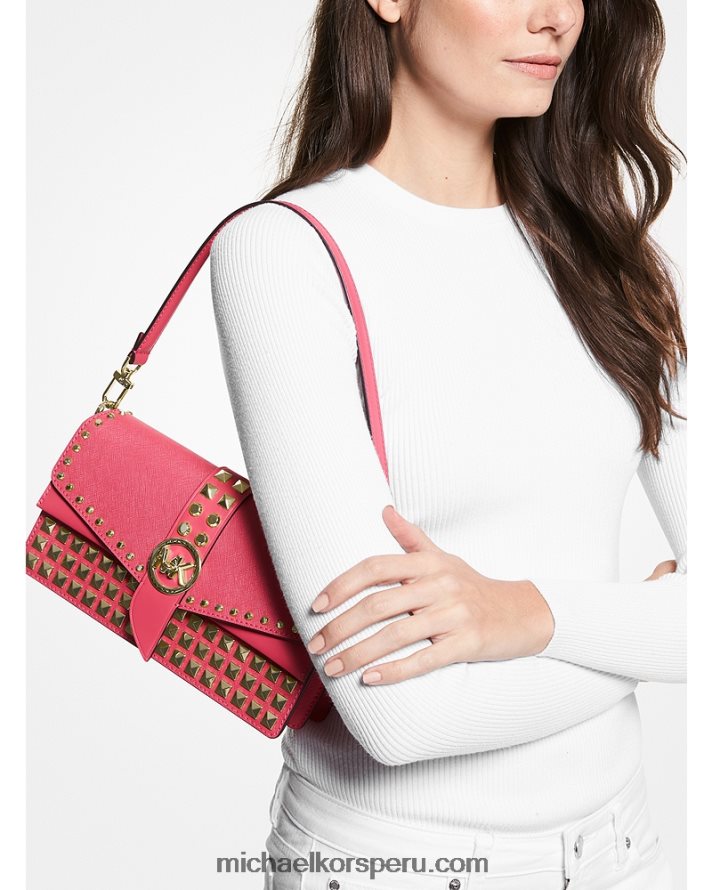 Z48V1385 rojo rubí mujer Michael Kors bolsa de hombro Greenwich mediana de piel saffiano con tachuelas