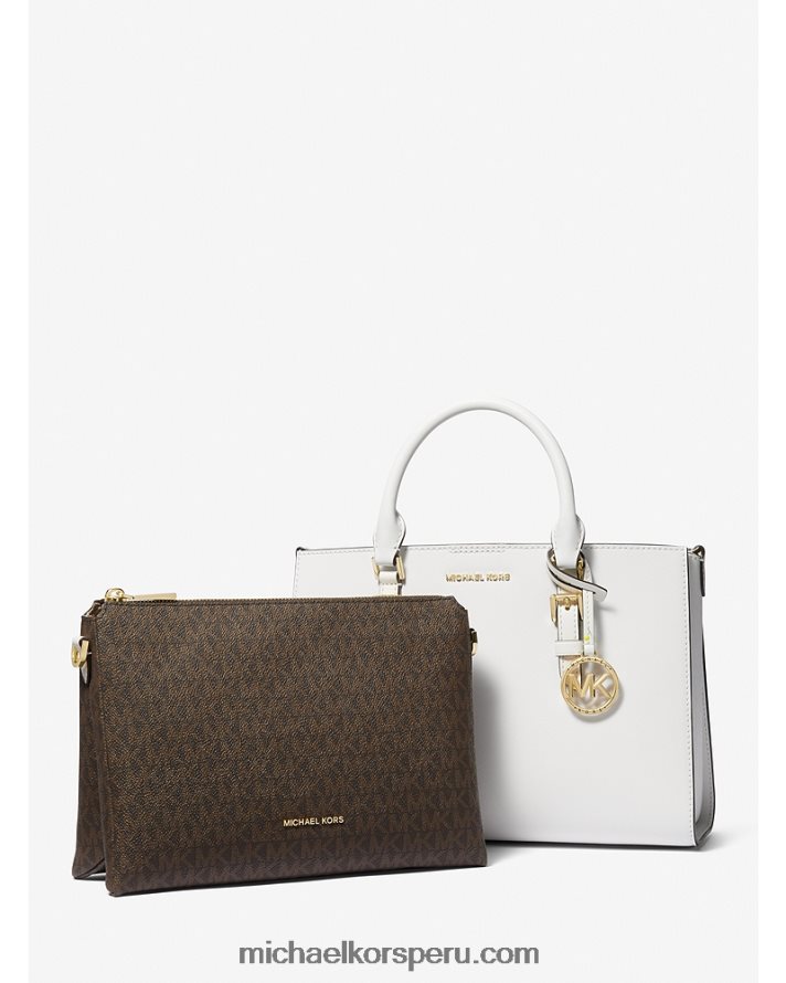 Z48V1431 Blanco óptico mujer Michael Kors bolso satchel 2 en 1 mediano Sally de piel saffiano y logo