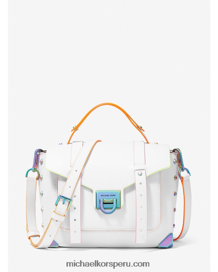 Z48V1432 Blanco óptico mujer Michael Kors bolso satchel manhattan mediano de piel con ribetes en contraste