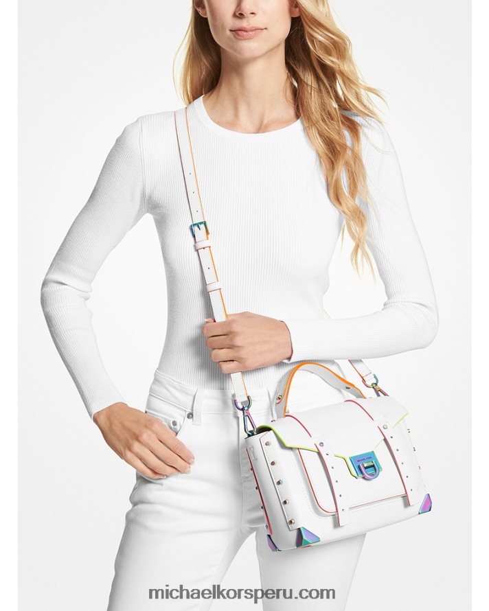 Z48V1432 Blanco óptico mujer Michael Kors bolso satchel manhattan mediano de piel con ribetes en contraste