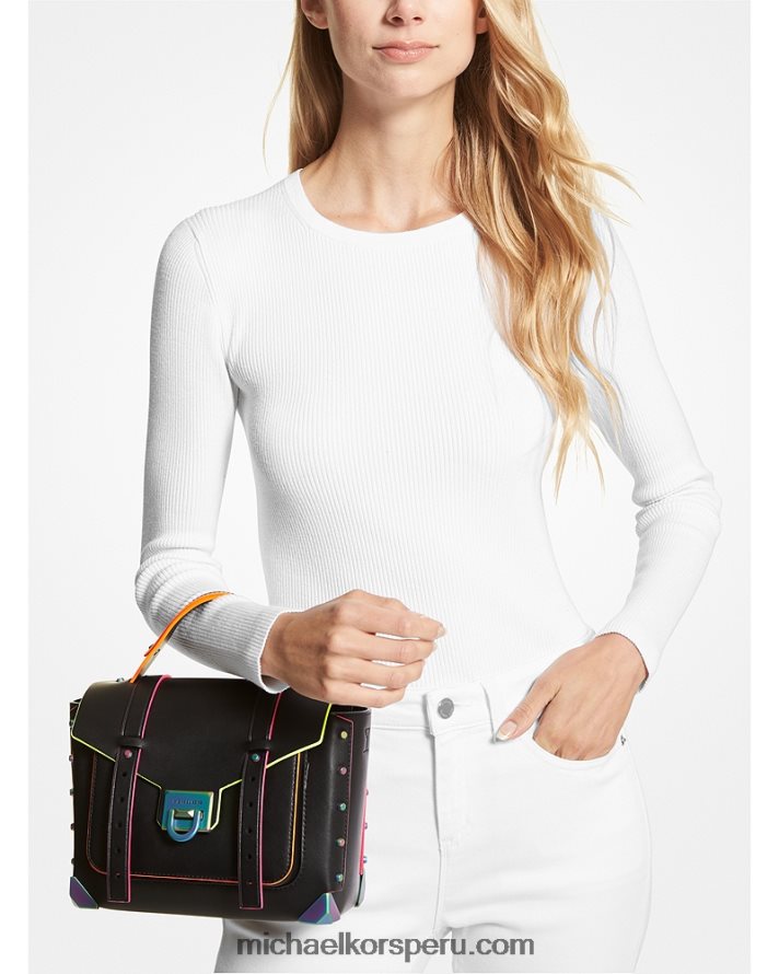 Z48V1435 negro mujer Michael Kors bolso satchel manhattan mediano de piel con ribetes en contraste