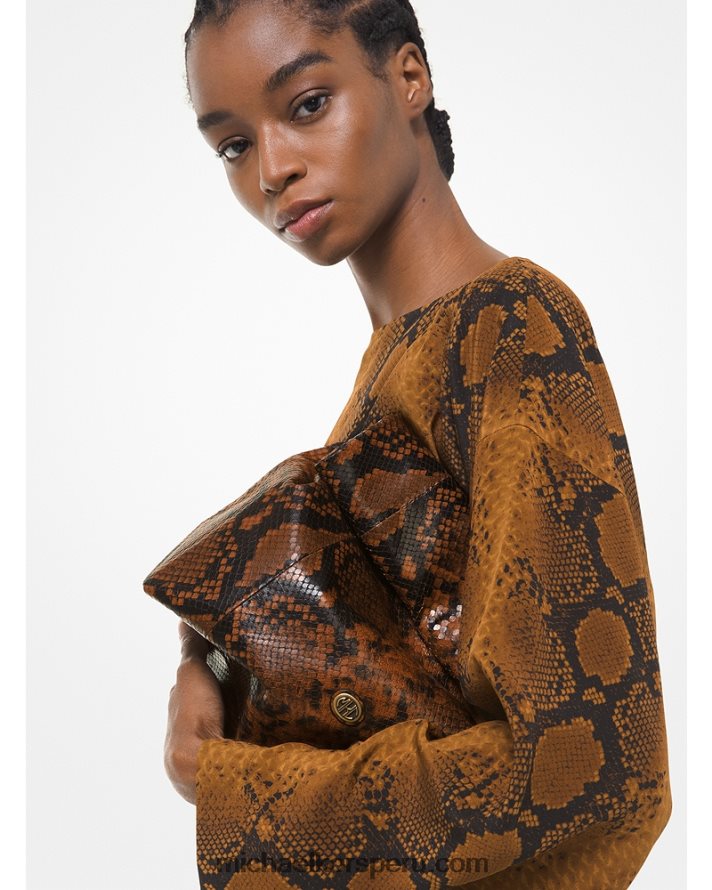 Z48V1645 castaña mujer Michael Kors bolso de mano lunch bag con grabado de pitón y monograma de la colección