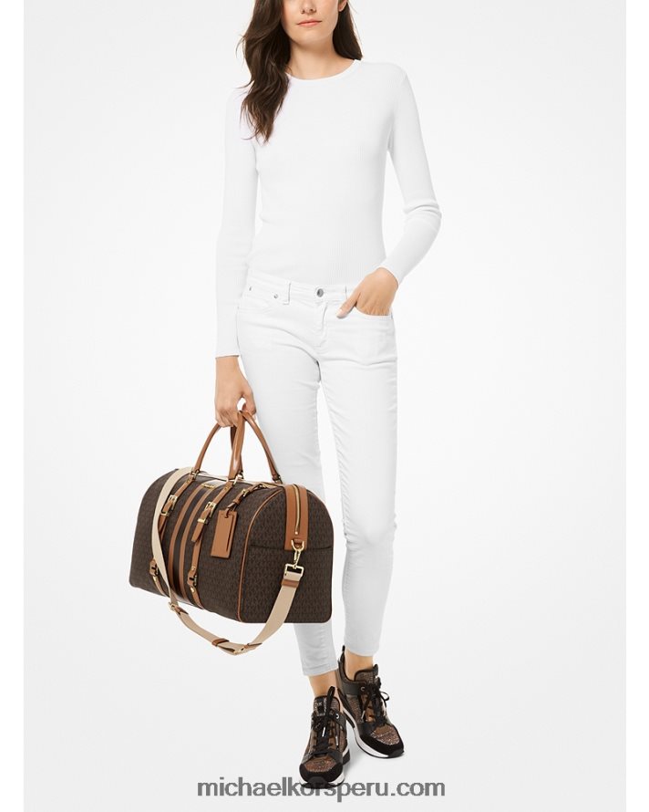 Z48V1521 marrón/bellota mujer Michael Kors bolsa de fin de semana extragrande Bedford Travel con franja del logo