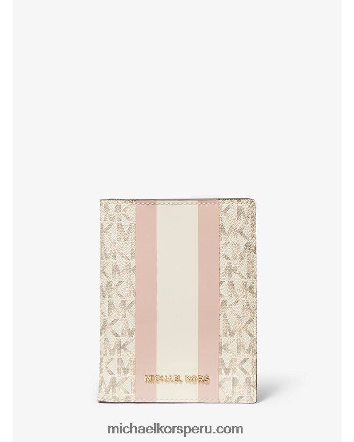 Z48V1545 vainilla/rosa suave mujer Michael Kors cartera de pasaporte bedford travel mediana con franja del logo