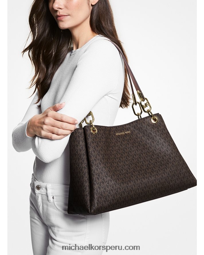 Z48V1141 marrón mujer Michael Kors bolsa de hombro Trisha grande con logo