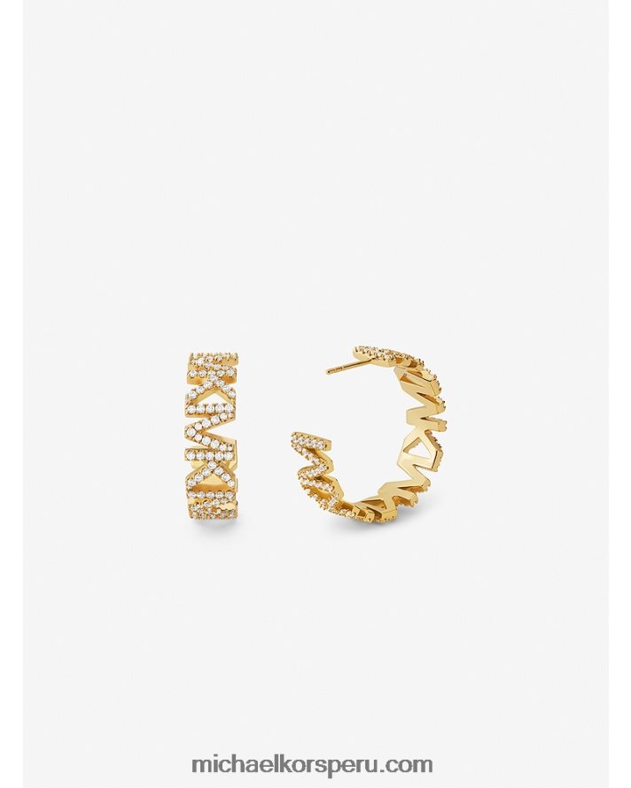 Z48V2526 oro mujer Michael Kors Aretes de aro grandes con logo pavé de latón con baño de oro de 14k