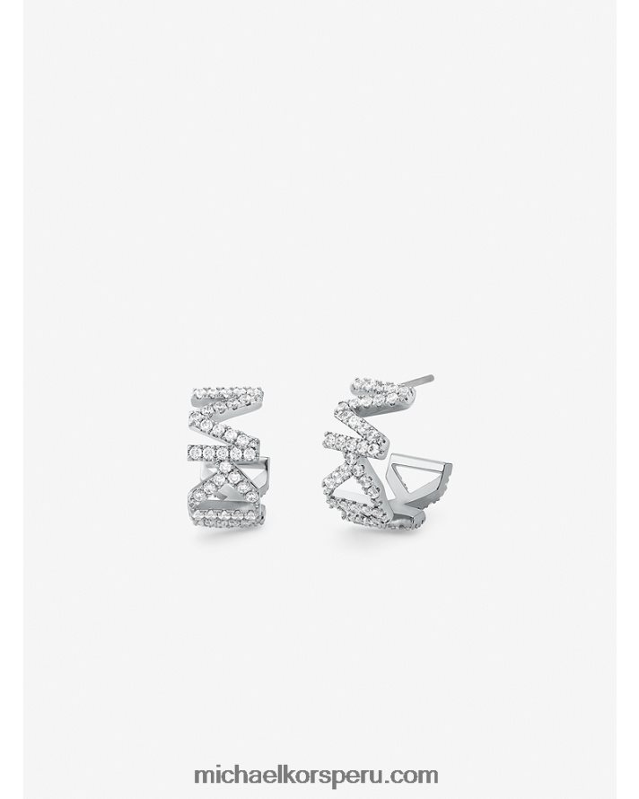 Z48V2539 plata mujer Michael Kors aretes pequeños de aro con logo en pavé de latón platinado