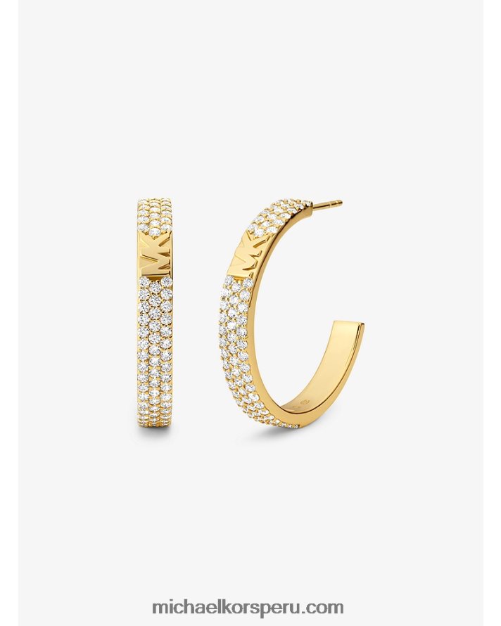 Z48V2542 oro mujer Michael Kors Aretes tipo argolla de plata de ley con baño de oro de 14 k y pavé con logo