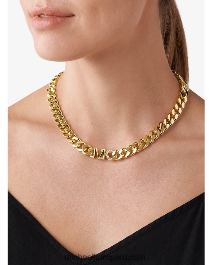 Z48V2487 oro mujer Michael Kors Collar de eslabones curvos con logo en pavé de latón chapado en oro de 14k