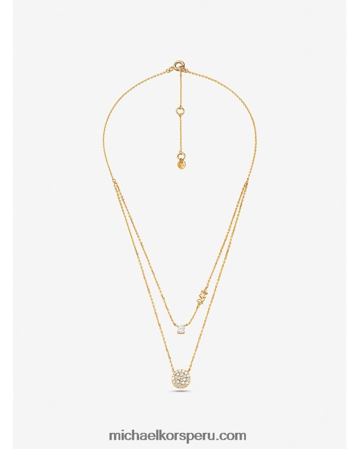 Z48V2491 oro mujer Michael Kors collar a capas con disco pavé de plata de ley recubierta de metales preciosos