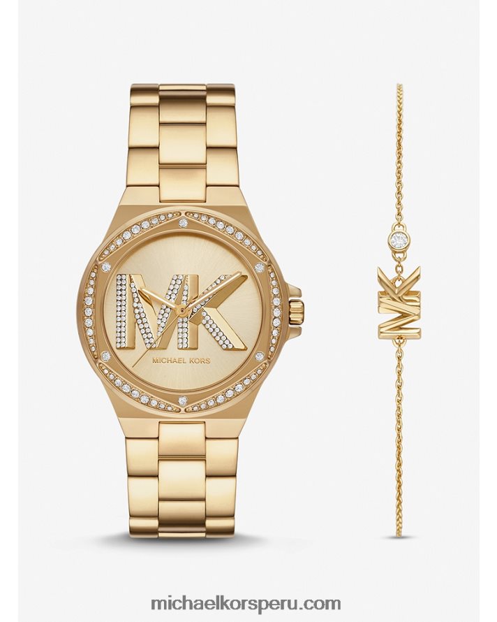 Z48V2464 oro mujer Michael Kors conjunto de reloj y pulsera con el logotipo pave de lennox