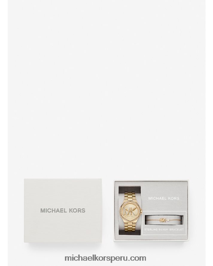 Z48V2464 oro mujer Michael Kors conjunto de reloj y pulsera con el logotipo pave de lennox