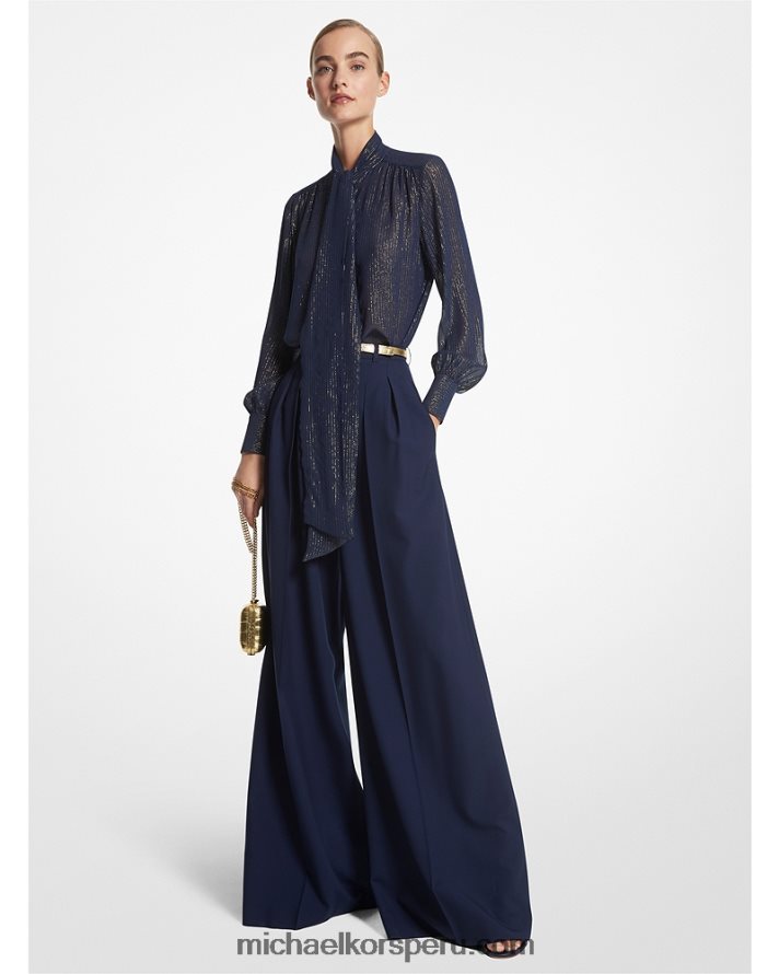 Z48V3556 azul marino/oro unisexo Michael Kors blusa de rayas en mezcla de seda con lazo en el cuello