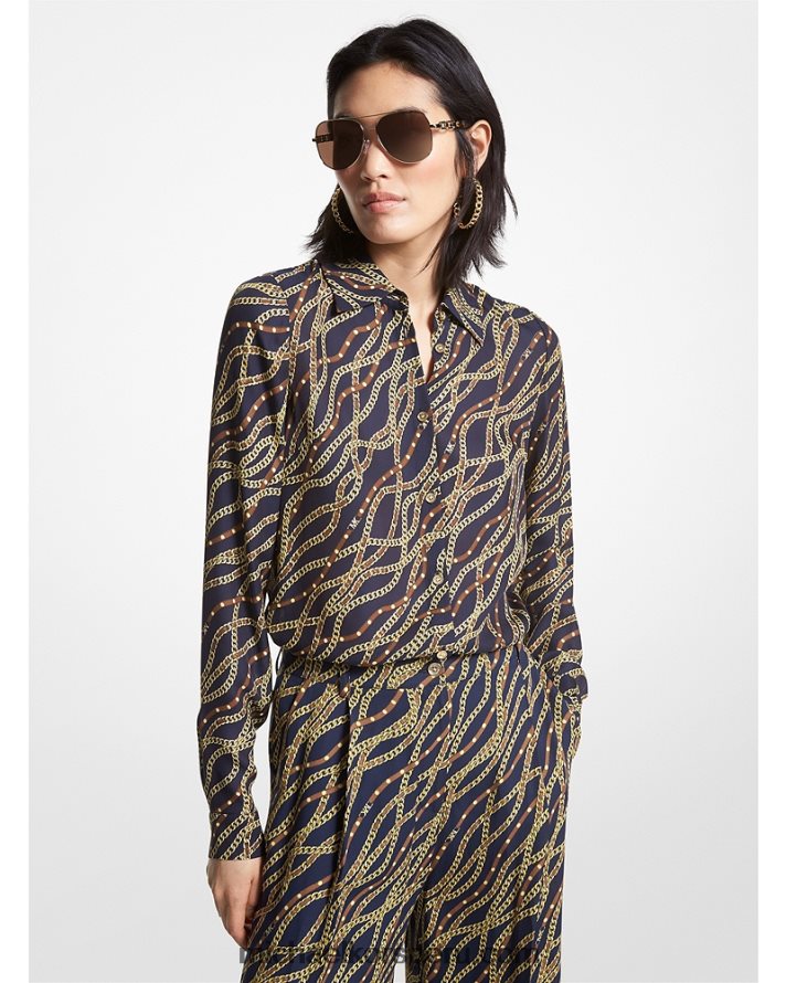 Z48V369 azul medianoche mujer Michael Kors blusa de georgette con estampado de estado
