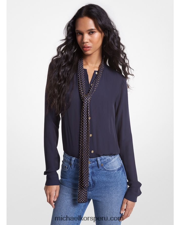 Z48V370 azul medianoche mujer Michael Kors blusa astor georgette con lazo en el cuello