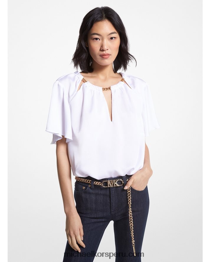 Z48V374 blanco mujer Michael Kors blusa de satén martillado con abertura de eslabón de cadena