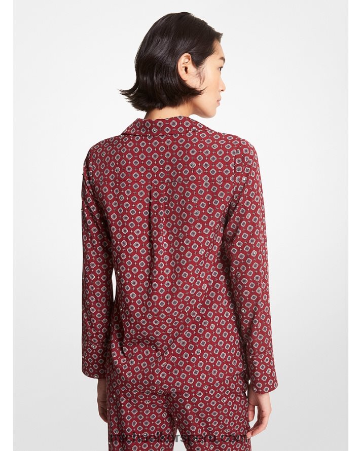 Z48V456 merlot mujer Michael Kors camisa de pijama de crepé aplastado con medallón de tachuelas