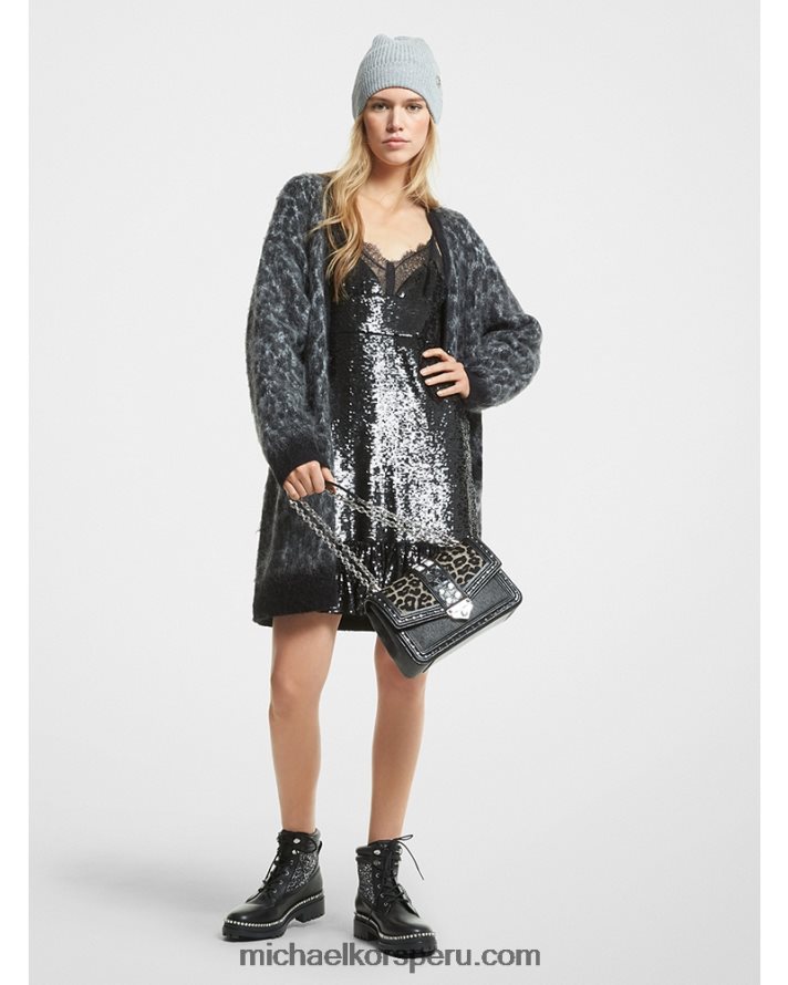 Z48V474 brezo perla mujer Michael Kors cárdigan cepillado en jacquard de leopardo