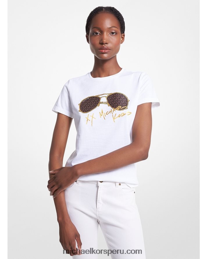 Z48V388 blanco mujer Michael Kors playera con estampado de aviador y logo