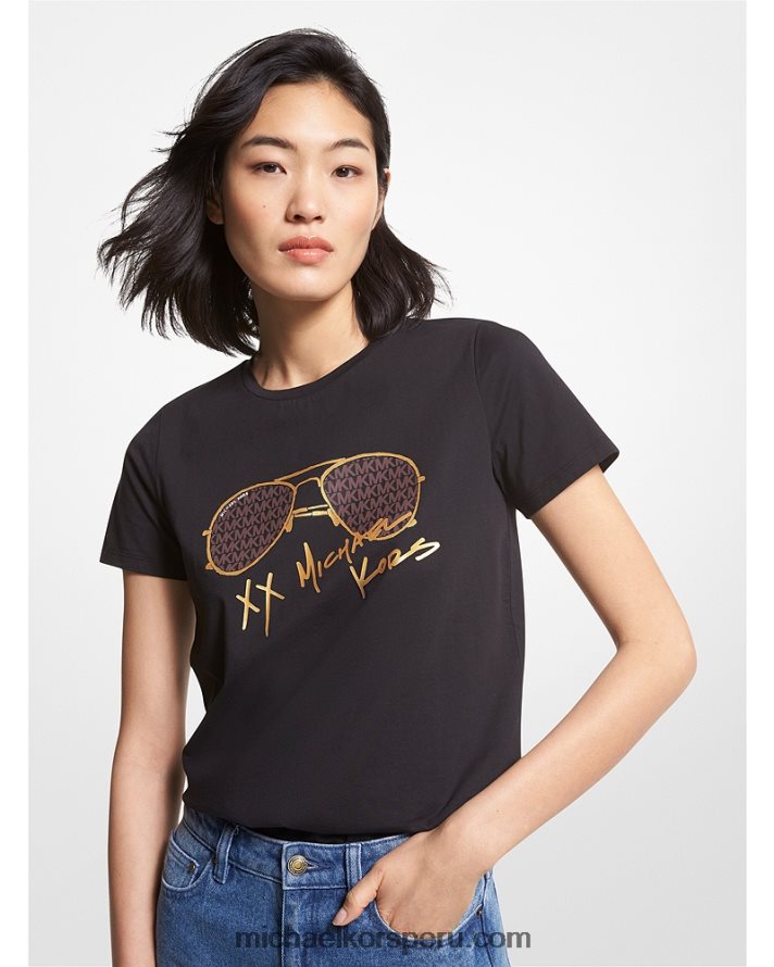 Z48V391 negro mujer Michael Kors playera con estampado de aviador y logo
