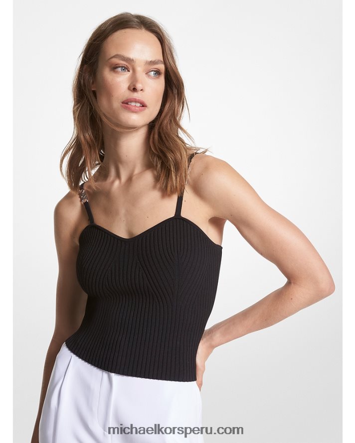 Z48V399 negro mujer Michael Kors top corto de canalé de viscosa elástica