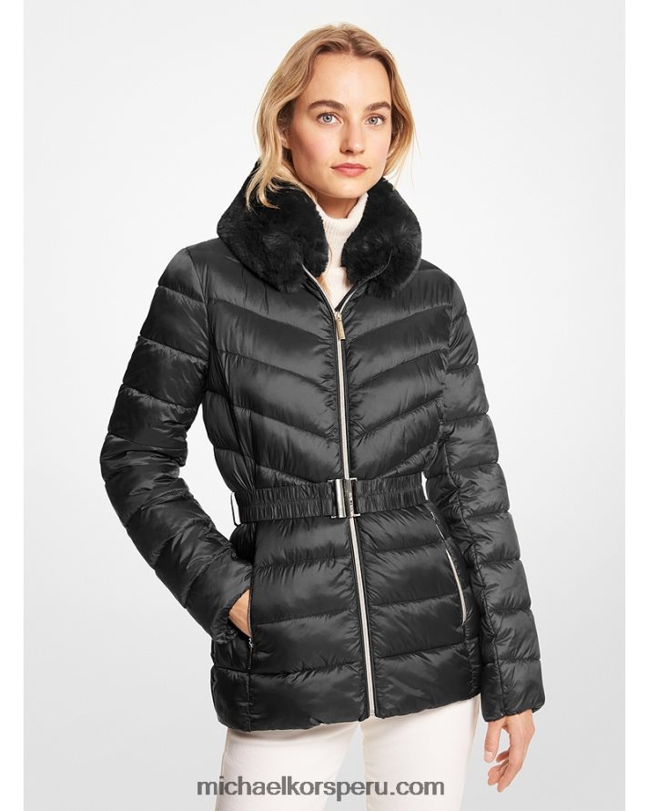 Z48V238 negro mujer Michael Kors chamarra acolchada plegable de nailon acolchado con ribete de piel sintética