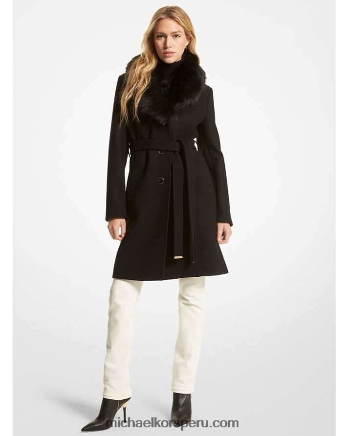 Z48V248 negro mujer Michael Kors abrigo de mezcla de lana con cuello de piel sintética