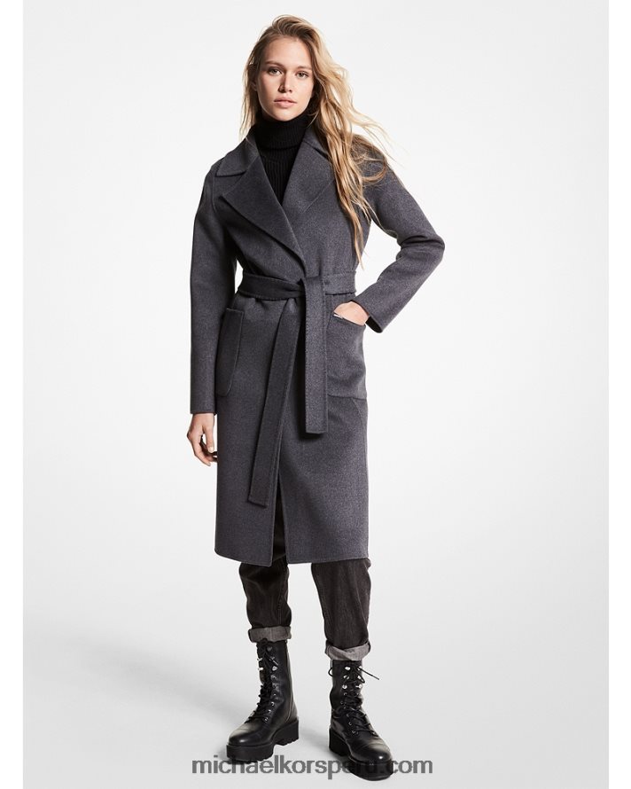 Z48V253 cuero gris mujer Michael Kors abrigo cruzado de mezcla de lana