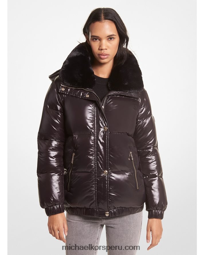 Z48V256 negro mujer Michael Kors chamarra acolchada de nailon con ribete de piel sintética