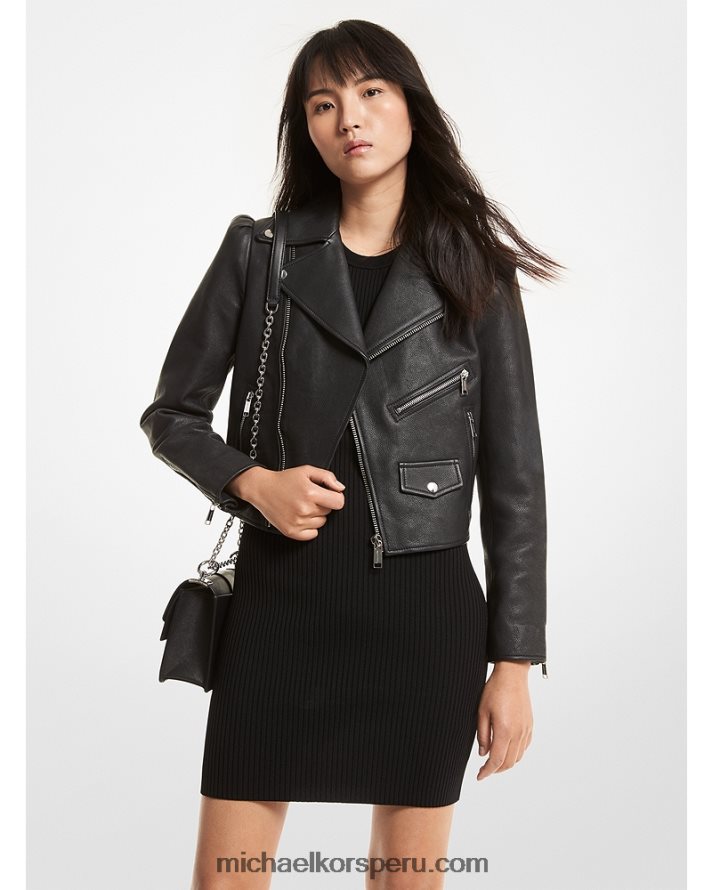 Z48V261 negro mujer Michael Kors chamarra motera de piel granulada con manga farol