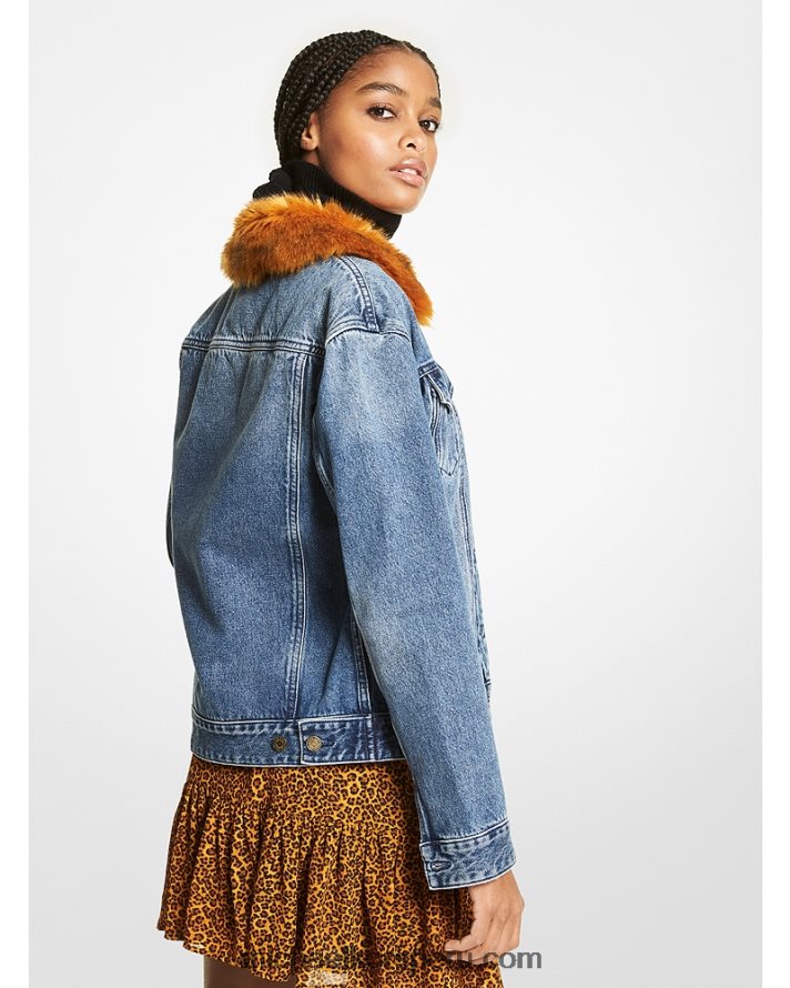 Z48V279 lavado azul anochecer mujer Michael Kors chamarra de mezclilla con ribete de piel sintética