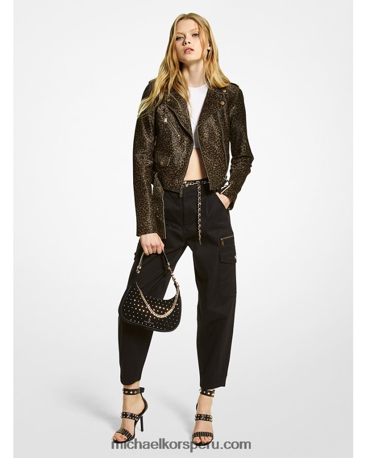 Z48V302 aceituna mujer Michael Kors chaqueta motera de pelo de becerro con estampado de leopardo