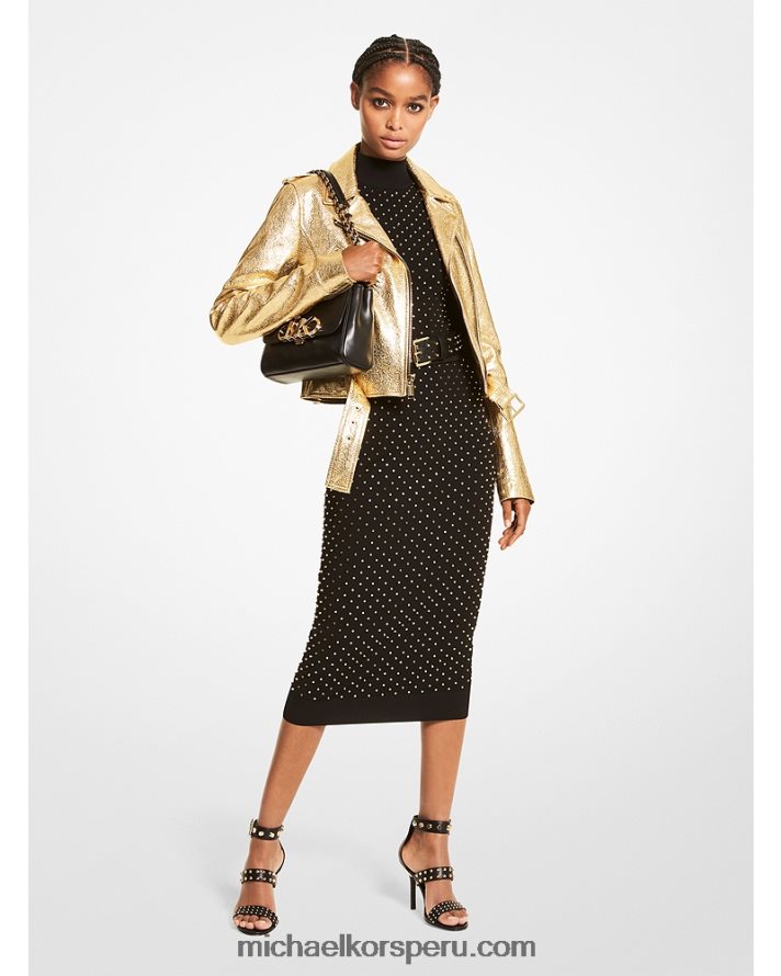 Z48V311 oro mujer Michael Kors chamarra motera de piel craquelada metalizada