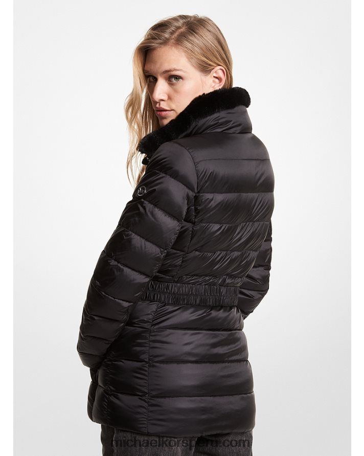 Z48V345 negro mujer Michael Kors abrigo acolchado con cinturón de nailon acolchado con ribete de piel sintética