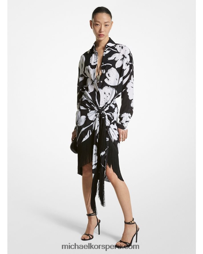 Z48V3415 blanco negro unisexo Michael Kors falda pareo de crepé de China con flecos de seda floral pinceladas de la colección
